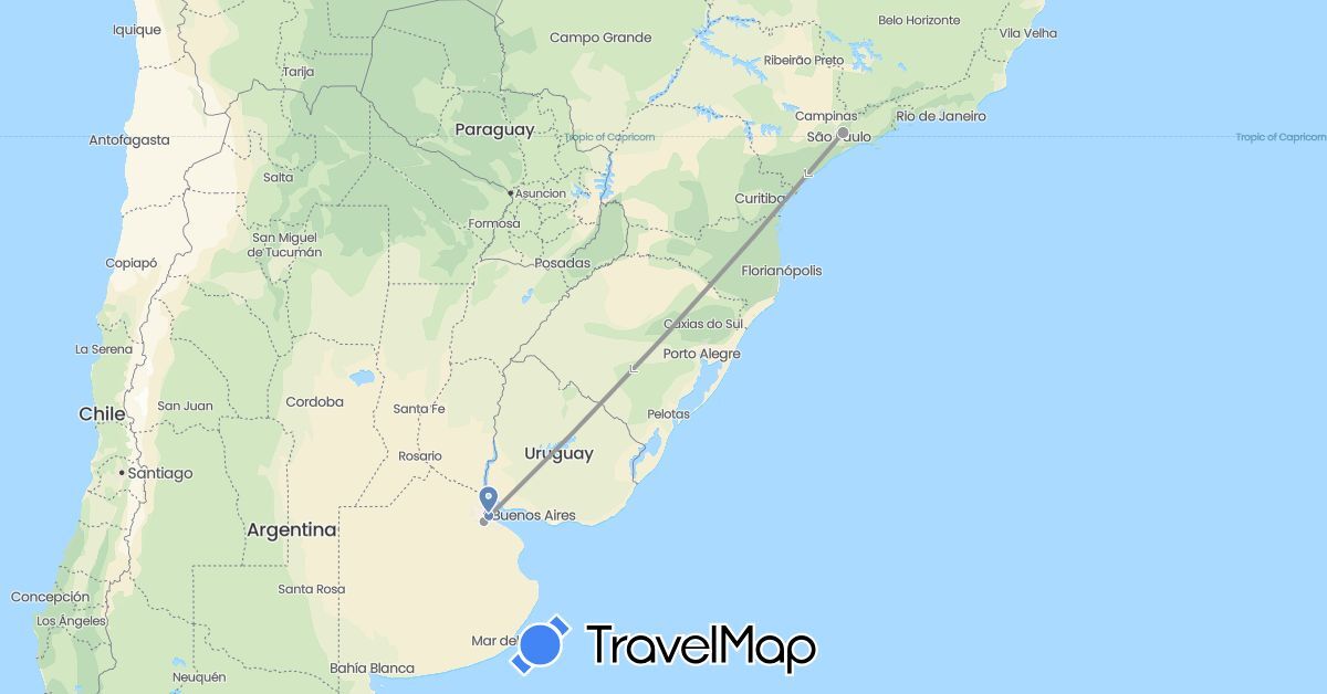 TravelMap itinerary: driving, plane, cycling in Argentina, Brazil (South America)